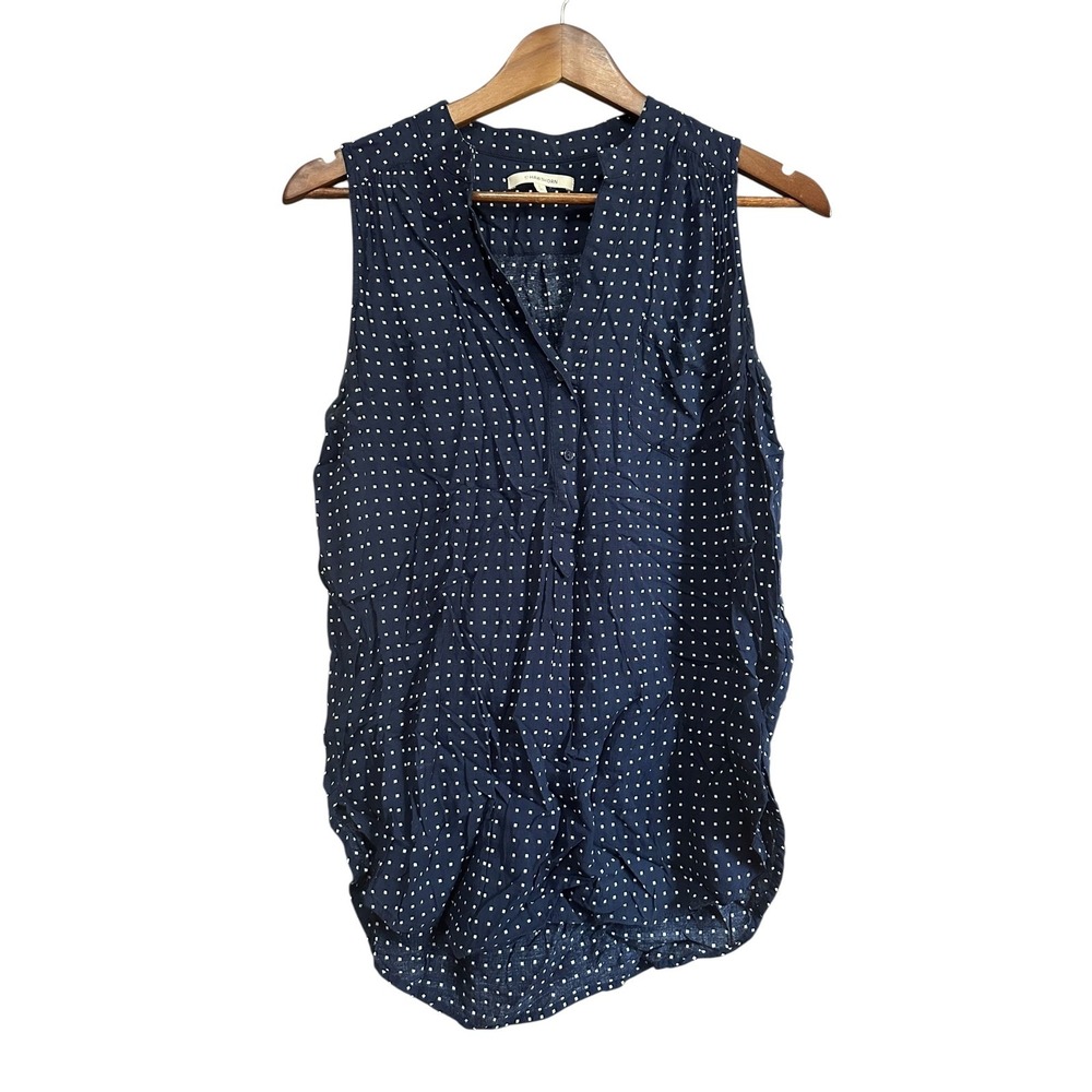 41 Hawthorn Sleeveless Blouse Women's L Navy Blue White Dot Button‎ Down